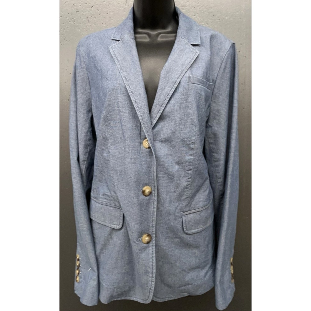 LL Bean Blazer Jacket Women M Blue Denim Chambray Cotton Stretch Pockets‎ Preppy